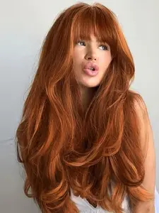 28 Inch Ginger Long Wavy Wigs for Women, Gorgeous Fluffy Wigs with Blunt Bangs, Heat Resistant Synthetic Full Machine Wigs for Party, Daily Use