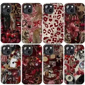 Burgundy Cheetah Phone Case, Y2k Chic Girl, Leopard Mosaic Hibicus Flower, Snake Skin Leather Pattern Print Case, Red Lace Fabric and Lips Kiss Cover Suitable for iPhone 17-11 Pro Max