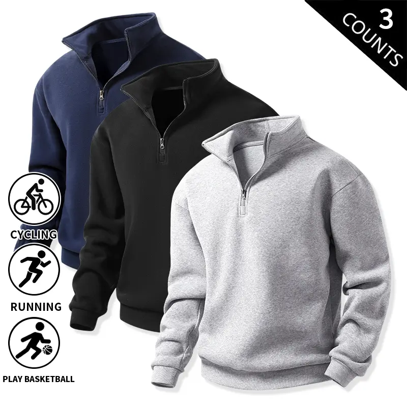 3-Pack Men’s Quarter-Zip Sweatshirts, Soft Fleece Long-Sleeve Pullovers, Loose Athletic Half-Zip Collared Tops
