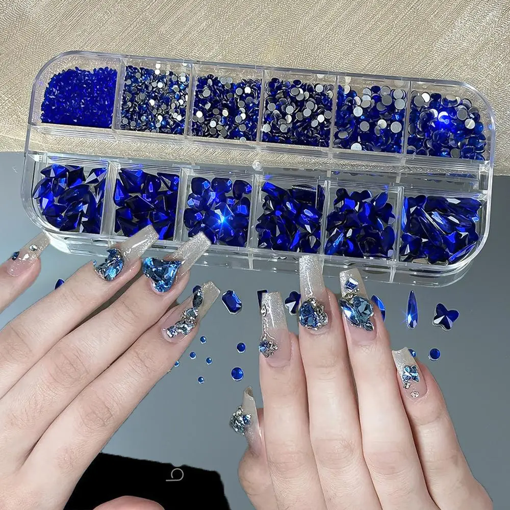 12Grid/Box Blue Flat Bottom Diamond Nail Rhinestone Shiny Square Rhombus Star Moon Nail Diamond DIY Heart Waterdrop Nail Crystal