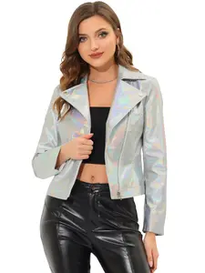 INSPIRE CHIC Biker Shiny Holographic Metallic Jacket