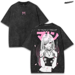 Marin Kitagawa My Dress-Up Darling Oversized Washed Tee 260GSM With Pink Sakura Anime Back Art | Cute Waifu Collector Shirt Cotton Streetwear