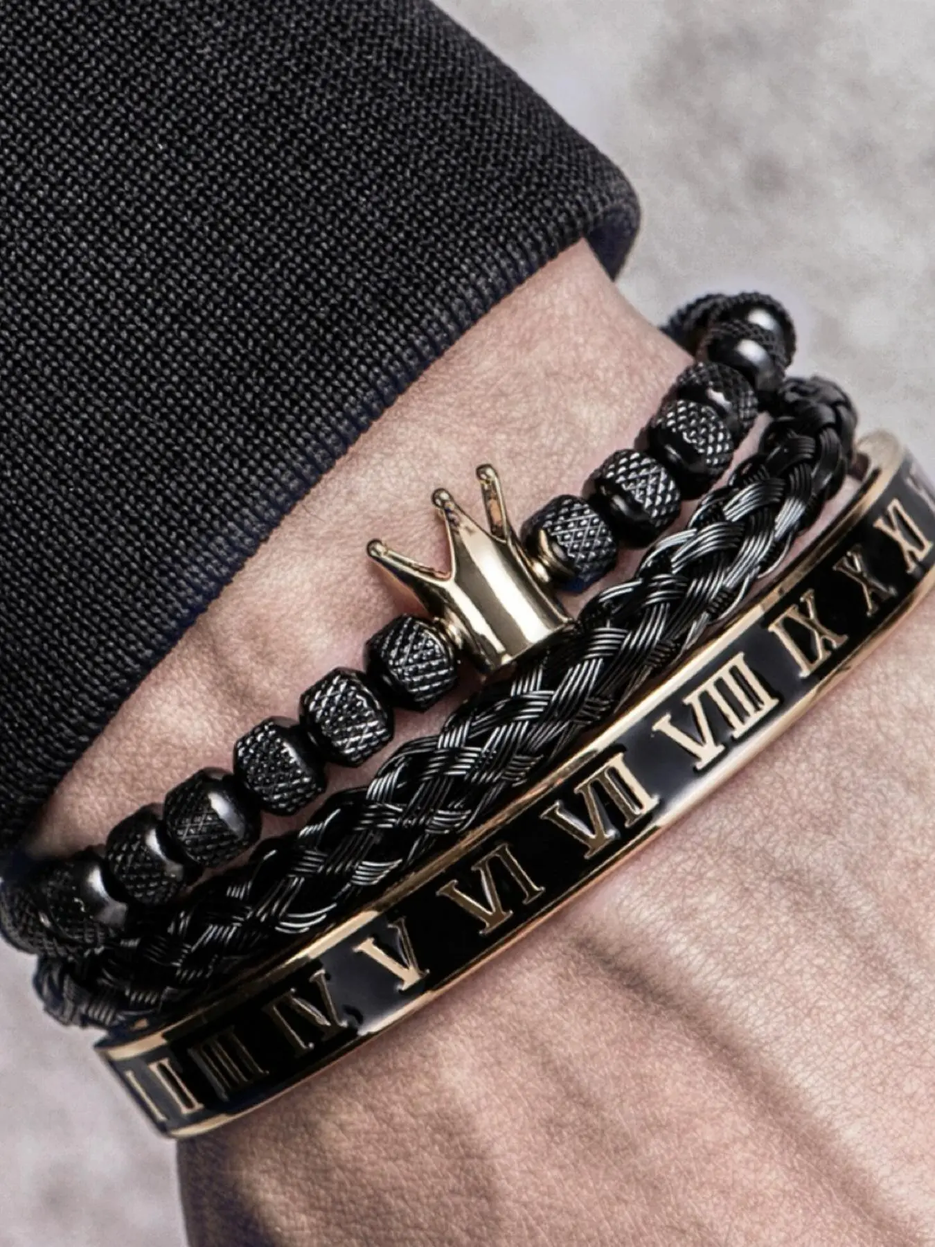 Men's Vintage Crown Design Beaded Bangle, Cool Fashionable Braid & Roman Numerals Cuff Bracelet for Guys, Party, Daily Decor, Trendy Exquisite Jewelry for Birthday Gift, Jewellery Accessories