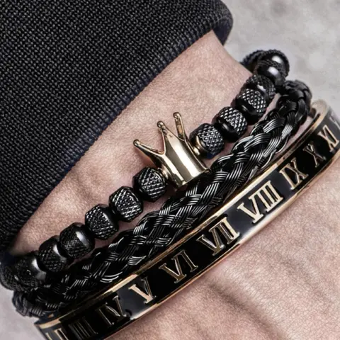 Men's Vintage Cool Bracelet Set, Fashionable Braided & Crown Beaded Bracelets, Roman Numeral Bangle for, Exquisite Jewelry for Parties & Daily Wear, Ideal Birthday Gift, Trendy Accessories, Jewellery