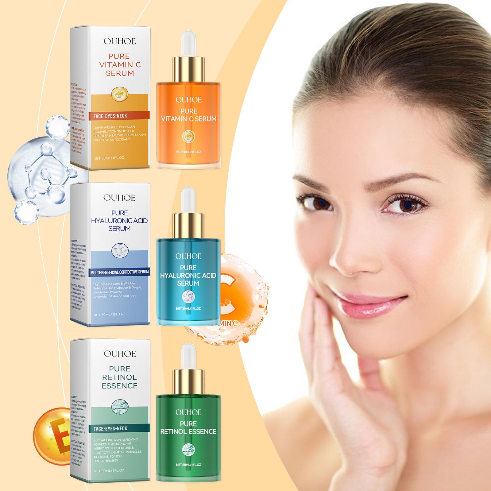 Pure Facial Serum Kit - Anti-Aging, Brightening, and Hydration 3-Piece Skincare Set - Includes Vitamin C, Retinol, and Hyaluronic Acid Serums (1 fl.oz Each Bottle)