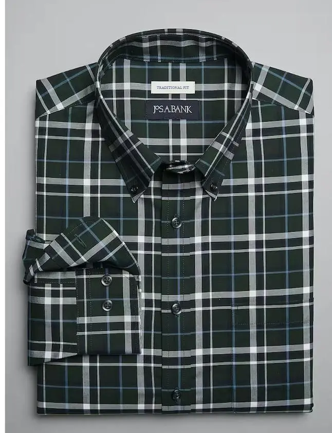 Jos. A. Bank Traveler Collection Traditional Fit Plaid Sportshirt with Button-Down Collar Classic Men's Shirt Wrinkle Resistant Fabric