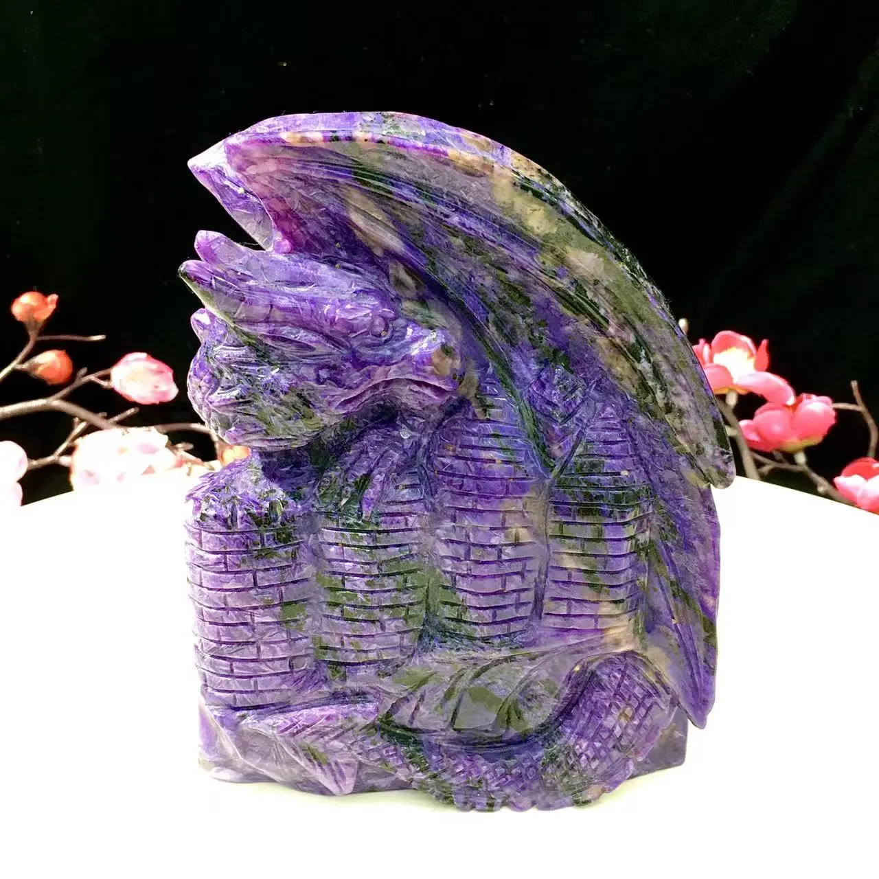 Natural Charoite Stone Dragon Sculpture - Intricately Hand-Carved 1-Piece Classic Collectible Figurine, All-Seasons Natural Crystal Home Ornament for Room Decor