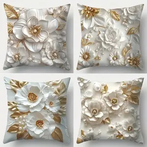 4pcs,2d flat printing, White and Gold Floral Patterned Pillowcase ,Pillowcase, Sofa Cushion Cover