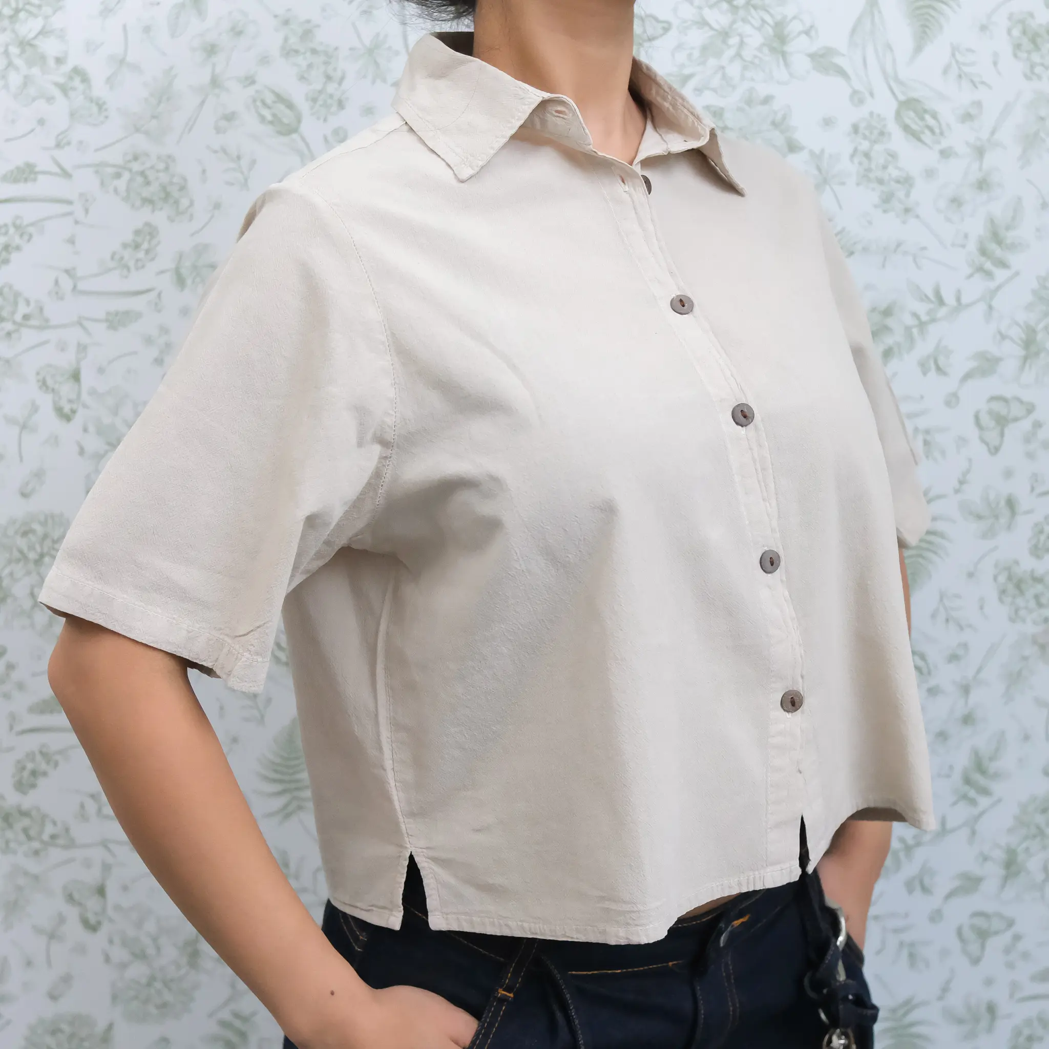 Women's Cotton Crop Button Down Shirt , Lightweight Short Sleeve Collared Blouse