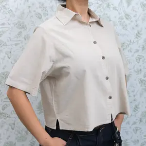Women's Cotton Crop Button Down Shirt , Lightweight Short Sleeve Collared Blouse