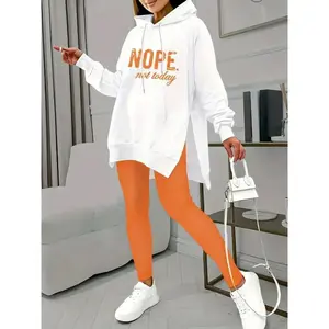 Women's Casual Two-piece Tracksuit  with Letter Print Kangaroo Pocket Hoodie and Solid Skinny Leggings for Everyday Wear Elegant Slit Long Dress  Slit Maxi Skirt  Off-Shoulder Sweatshirt  Sleeve Top and Pants  Color Ruffle Trim Set