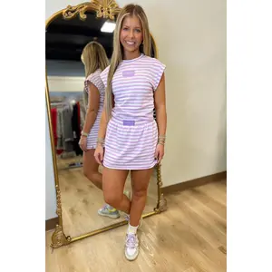 E Squared Striped Cap Sleeve Cinched Tee Purple