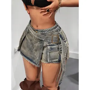Vintage High Waist Denim Skirt Pants, Anti-Slip Sexy Shorts, Casual Fitted Design, Plain Pattern, Women's Fashion, Aesthetic1123