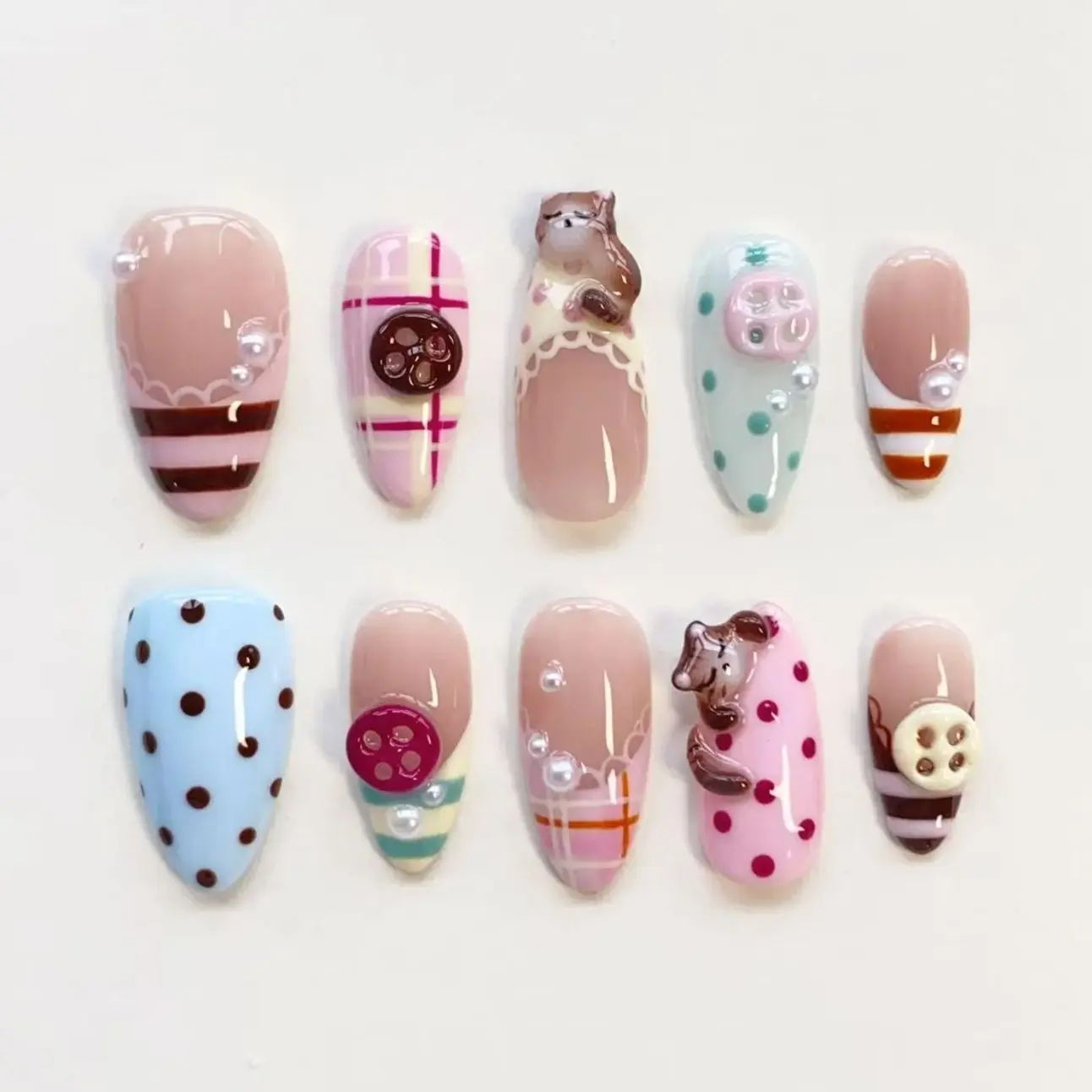 3D Bear Nails/Press On Nails Long Almond Nails/Cute Button Plaid Nails/Polka Dot Lace Nails/Kawaii Pink Nails/Winter Nails/Custom Nails