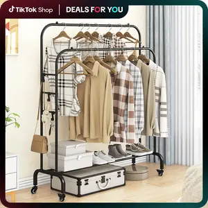 dealsforyoudays Garment Rack with Wheels Clothing Rack for Hanging Clothes Multi-functional Bedroom Clothes Rack Double Rods
