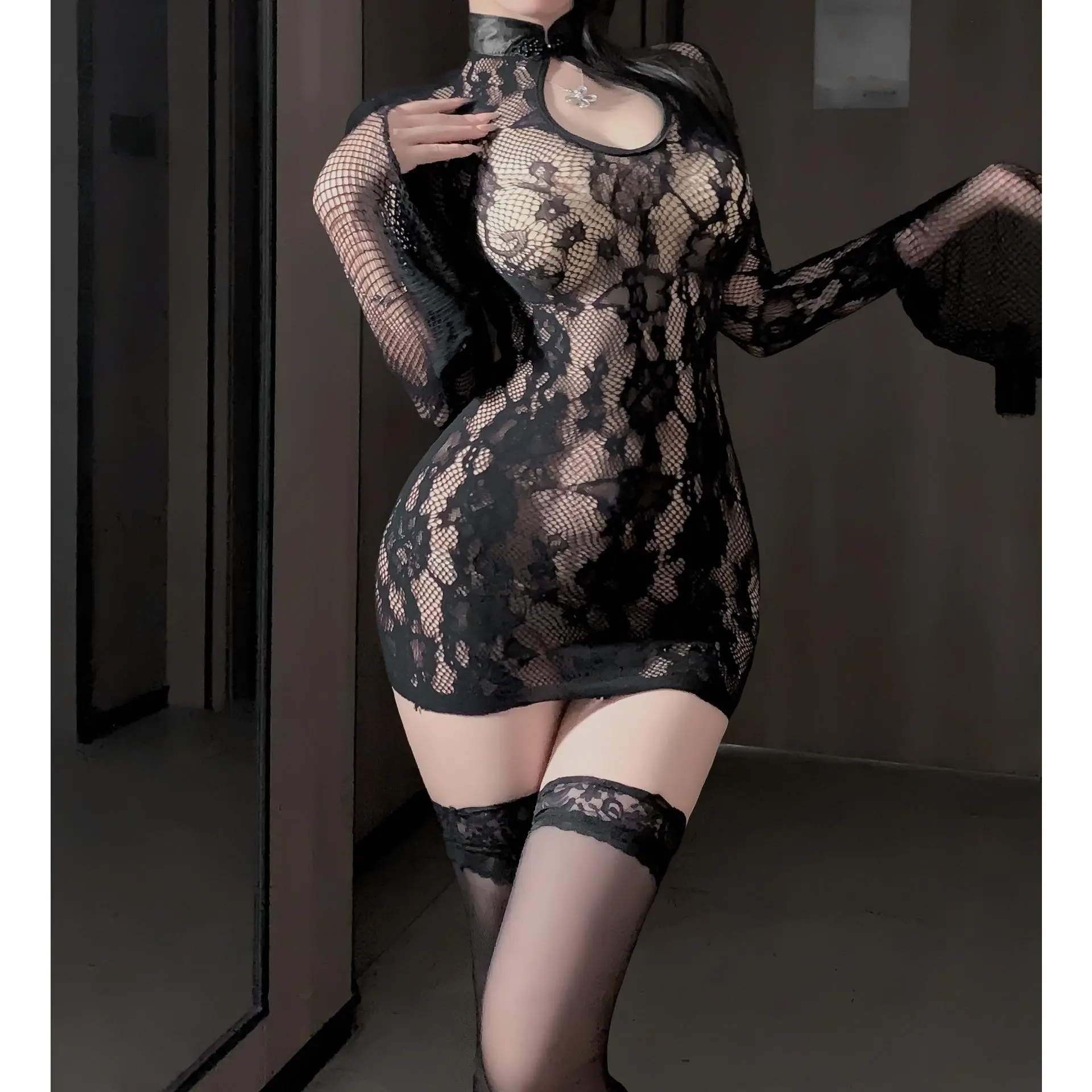 Women's Free Size Sheer Mesh Lingerie Jumpsuit Set - Sexy Cheongsam Style Bodysuit with Hollow Out Enlarged Cutouts, Elegant See-Through Design, White with White Stockings for Party Night