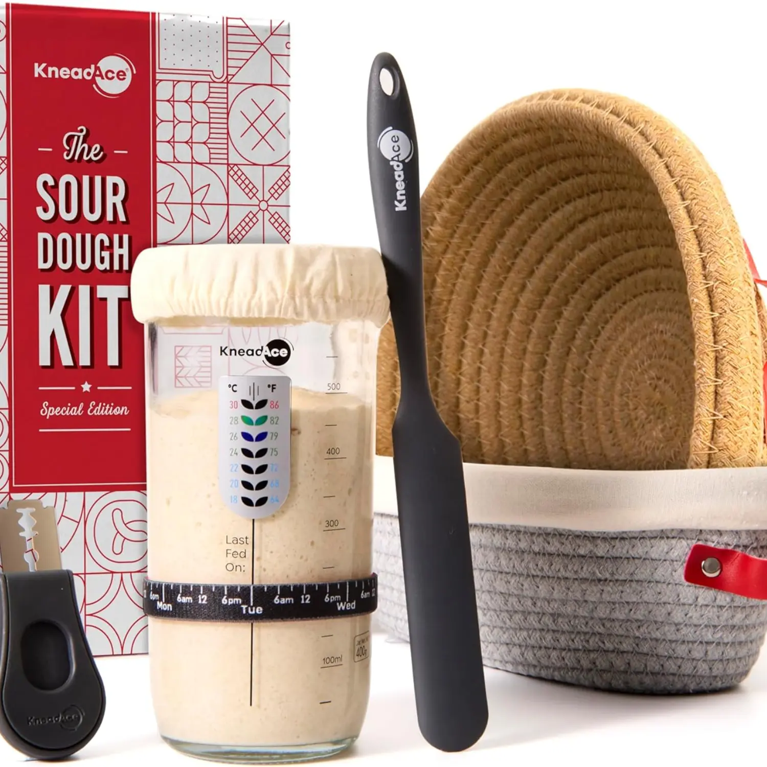 Sourdough Bread Baking Complete Kit for Yeast Enthusiasts - 24oz Round/Oval Glass-Lidded Jar, 2 Cotton Rope Banner Protective Baskets, Magnetic Bread Scorer, Thermometer, Feeding Day Tracker - Kitchen Bakeware Utensils Gift Set, Baking Sourdough Bread