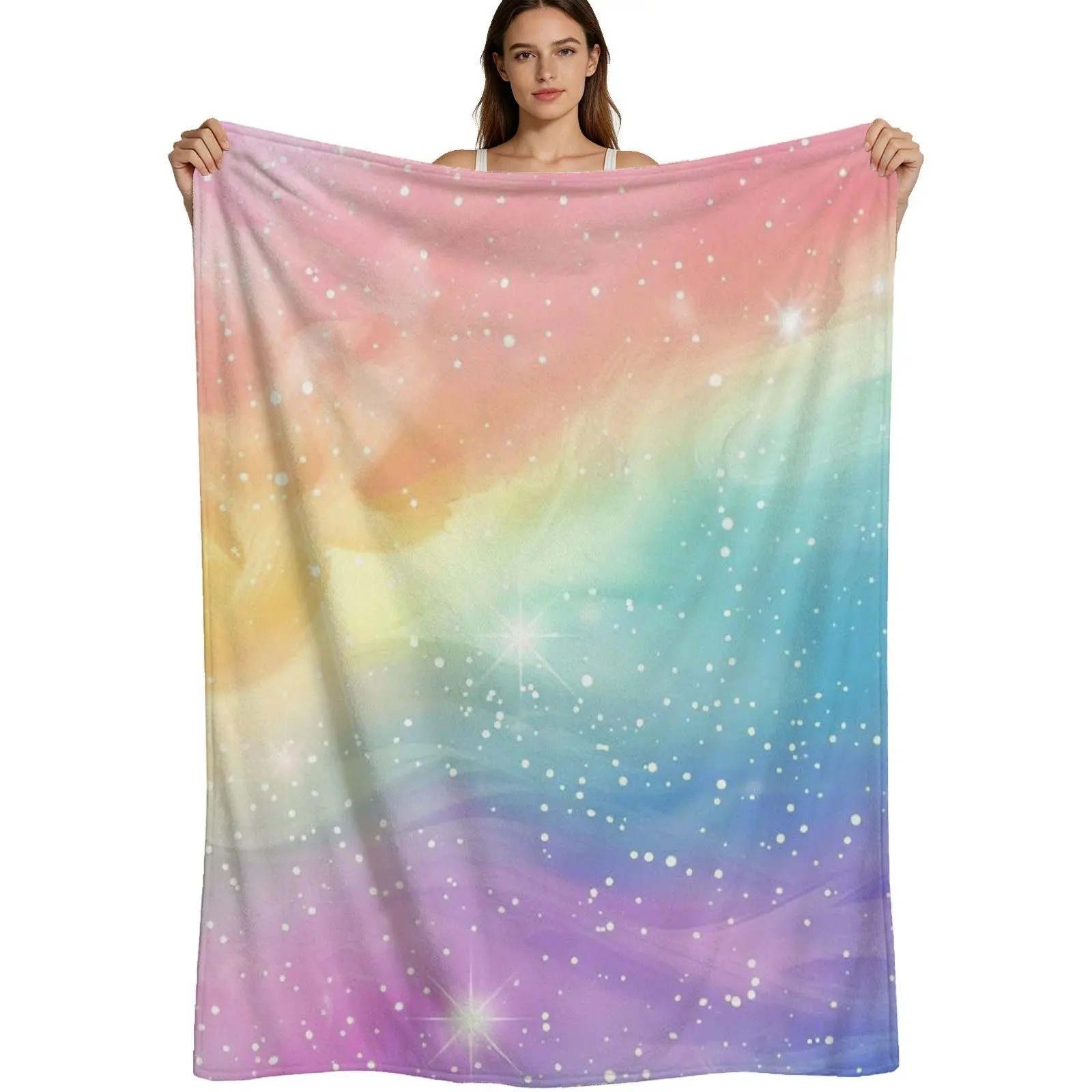 Pastel Rainbow Galaxy, Warm Flannel Blanket, Sparkling Starry Sky Pattern, Soft Plush Fabric, For Girls Bedroom Decor, 4 Sizes Available Single Pack
