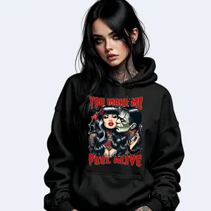 You Make Me Feel Alive Halloween Frank & Bride Spooky Sweatshirt T Shirt or Hoodie Vintage Grunge Aesthetic with Skulls Retro Vibes Casual Cotton Fit Women's Streetwear Style Graphic Crewneck Tops