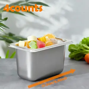 4-Piece Stainless Steel Steam Hotel Skillets, Commercial Food Serving Trays, 1/9 Size X 10cm Deep, Stackable Containers for Hotels, Restaurants, Kitchens