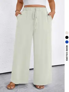 Plus Size Women's Solid Color Waistband Pocket Wide Leg Pants, Autumn Fabric, Fashionable Ladies' Clothing for Comfort and Style