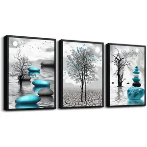 Modern 3 Piece Framed Canvas Wall Art Black Framed Abstract Black & White Blue Prints Ready to Hang Wall Decor for Living Room Bedroom Bathroom Home Decoration