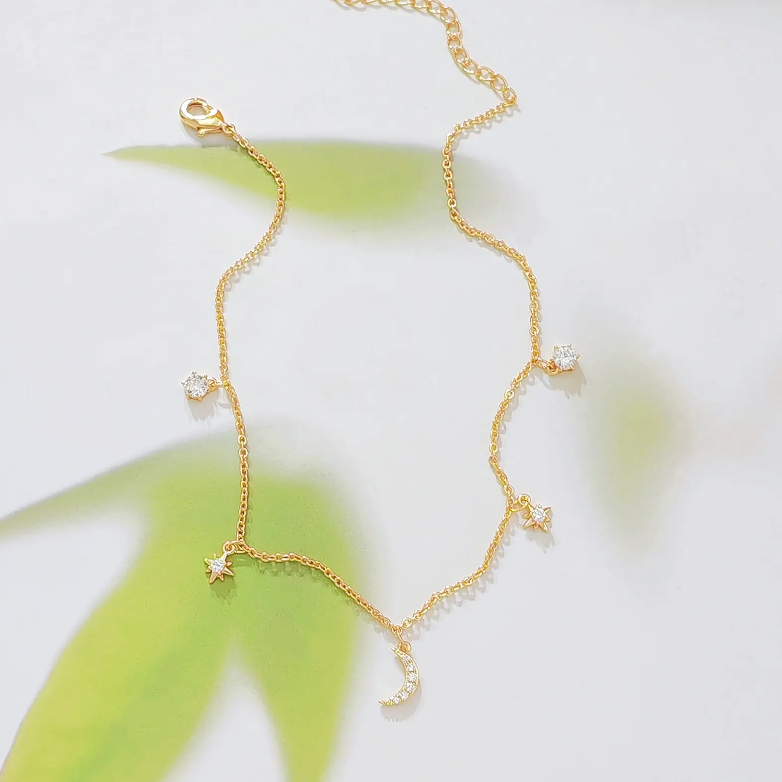 Women's Gold-Rose Gold Plated Crescent Moon Star Pave CZ Ankle Bracelet - Sparkling Dangle Pendant, Heart Extender Chain, Minimalist Bohemian Summer Foot Accessory, Chain Jewelry Bracelets & Bangles Gift