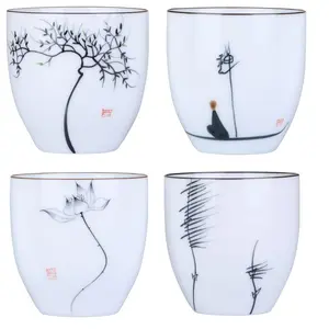 4 Pcs Japanese Tea Cup Set, Chinese Style Ceramic Kung Fu Cups for Matcha, 5 oz Small Asian Tea Set, Traditional White Porcelain Cup Gift for Home or Office