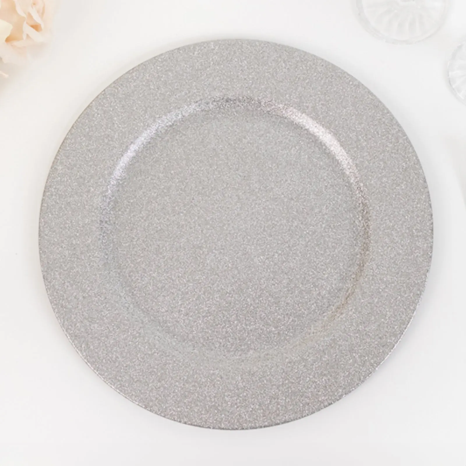6-Pack 13 inches Elegant Plastic Charger Plates, Round Acrylic Silver Glittered Plates - Shimmering Dinner Tableware, Elegant Plastic Plates
