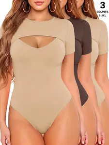 Sexy Hollow Out Front Short Sleeve Bodysuit, High Elastic Compression Shapewear, Casual Plain Jumpsuit, All Seasons Wear for Women