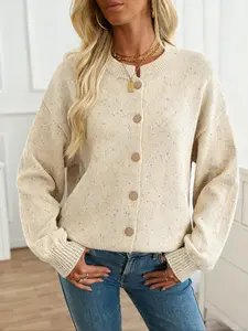 Women's Plus Size Knit Cardigan Sweater, Style Round Neck Single Button Loose Lantern Sleeve, Fall Winter Wear Long Sleeves
