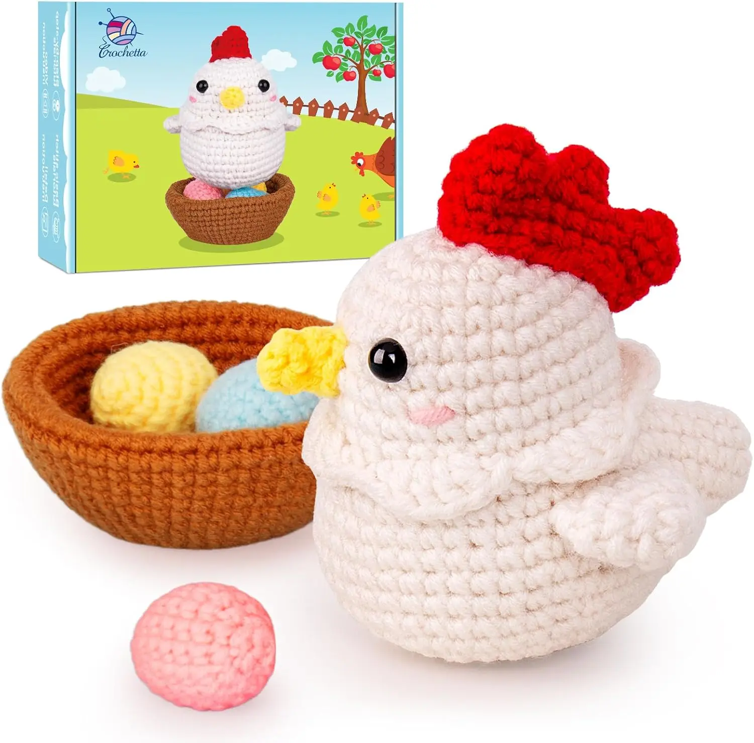 CROCHETTA Beginner Starter Kit with Step-by-Step Video Tutorials, Cute Hen Chicken Set, Crochet Hook Set Includes 7 Yarns, 2 Hooks, 5 Markers - Ideal Gift for Enthusiasts