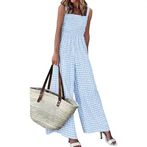 One Piece Jumpsuits for Women 2026 Summer Sleeveless Smocked Gingham Wide Leg Date Night Rompers Spring Outfits short sets Casual Two-Piece