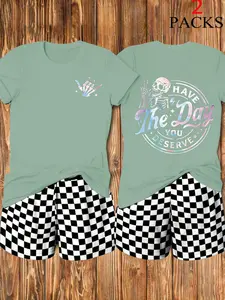 Women's Dark Sweet Cool Skull Gradient Print Short Sleeve Set, 2 Piece Summer Casual T-Shirt & Plaid Shorts, Trendy Streetwear