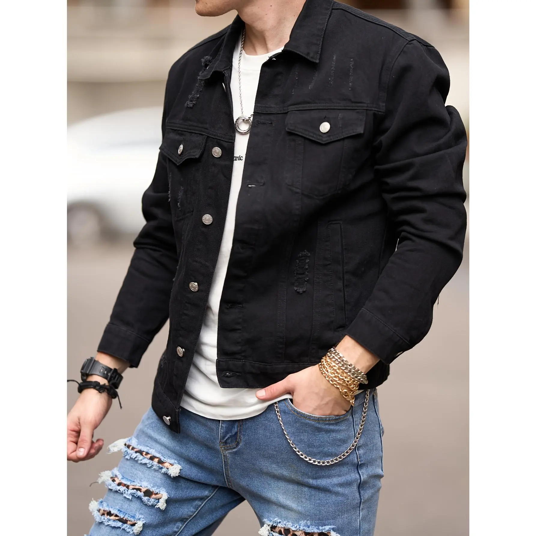 Men's Denim Jacket - 2024 Slimfit Menswear Tops, Black Motorcycle-Inspired Lapel, Cotton Blend, Pockets, Casual Plain, Machine Washable, Collars