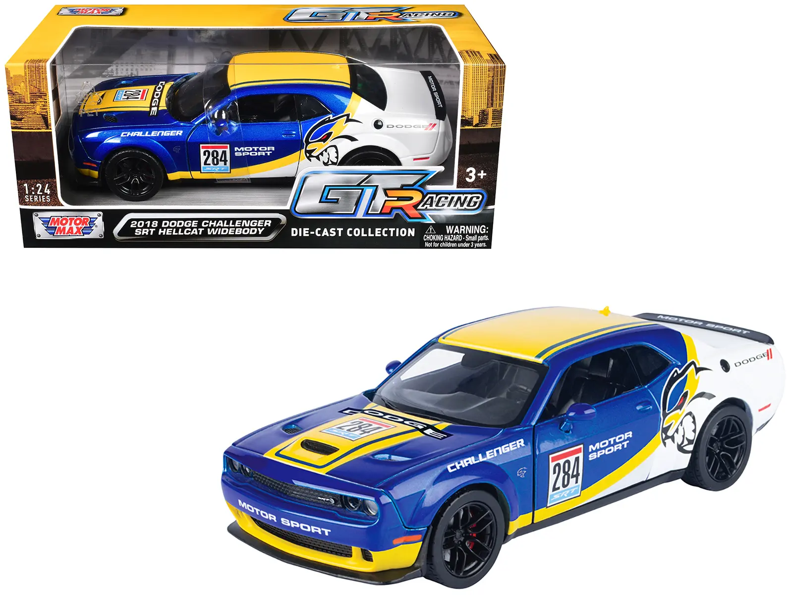 2018 Dodge Challenger SRT Hellcat Widebody #284 Blue Met & White w/Graphics "GT Racing" 1/24 Die Cast Model Car by Motormax