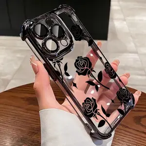 Black Rose Plating Clear Phone Case, Shockproof Floral Cover for iPhone 17/16/15/14/13/12/11 Pro Max, Anti-Scratch Protective TPU Case
