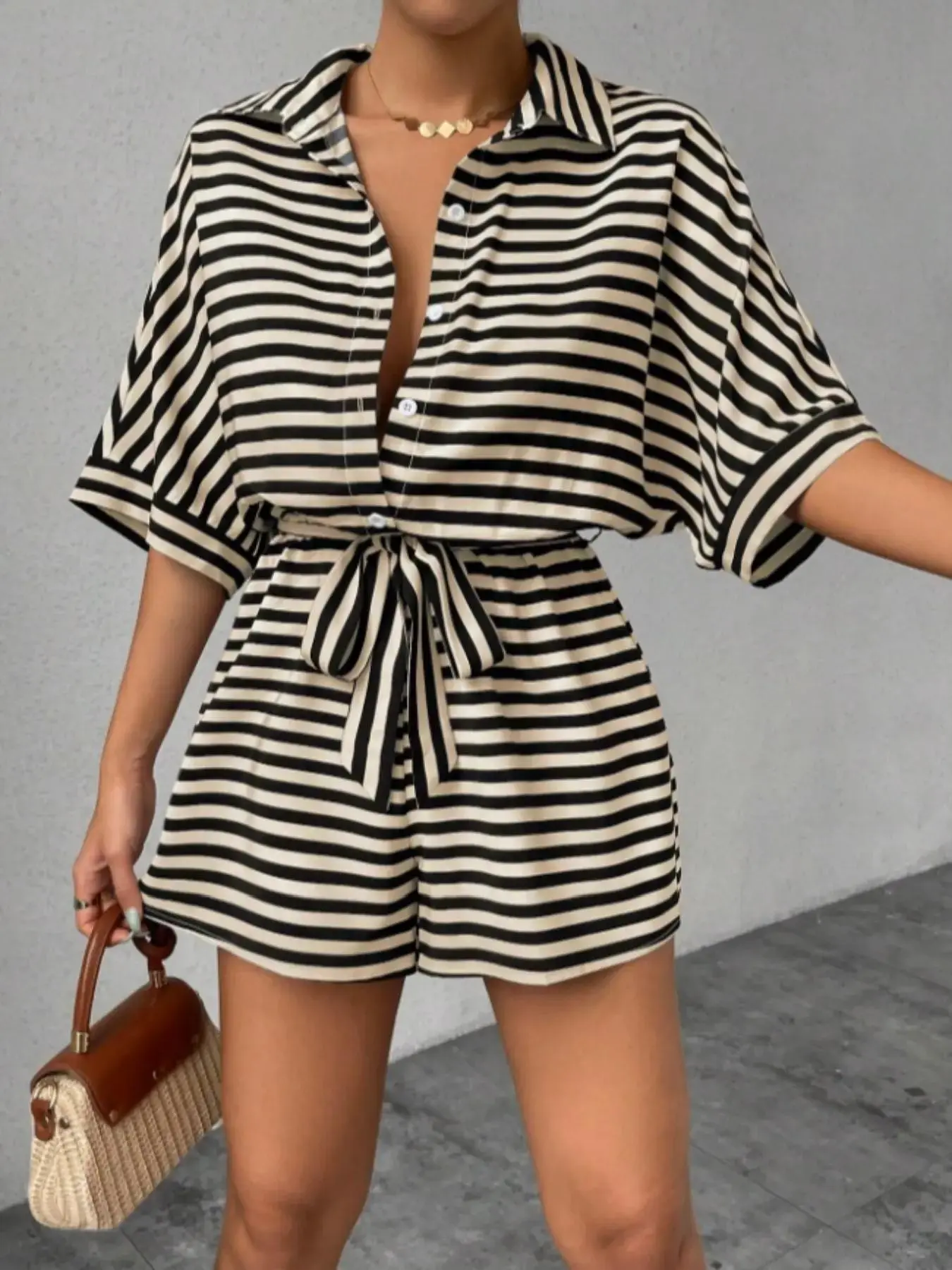 Women's Striped Batwing Sleeve Front Button Casual Fitted Lounge Jumpsuit, Adjustable Belted Waist, Collared, Womenswear, Suitable for Beach, Vacation, Daily Commute, Party, Casual Summer Jumpsuits
