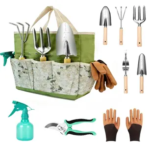 Garden Tool Set, 9 count Heavy Duty Stainless Steel Gardening Hand Tool, Green Garden Tool Bag Kit, Gardening Supplies Gifts for Women Men Mom Dad Gardener Beginner