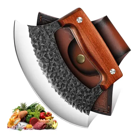 TIVOLI Hand-Forged Ulu Knife - Full Tang High Carbon Steel Curved Blade, Japanese-Inspired Wood Handle, Forged Texture, Safety Sheath, Gift Box, Mezzaluna Rocker Veggie Cutter, Pizza Cutter for Kitchen, Camping, Adults’ Father’s Day Anniversary Gifts