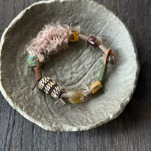 Nomad’s Blessing Handcrafted Bracelet with West African Hand-Painted Glass Beads, Nepalese Glass Beads, Jute & Leather Cord 15-16cm