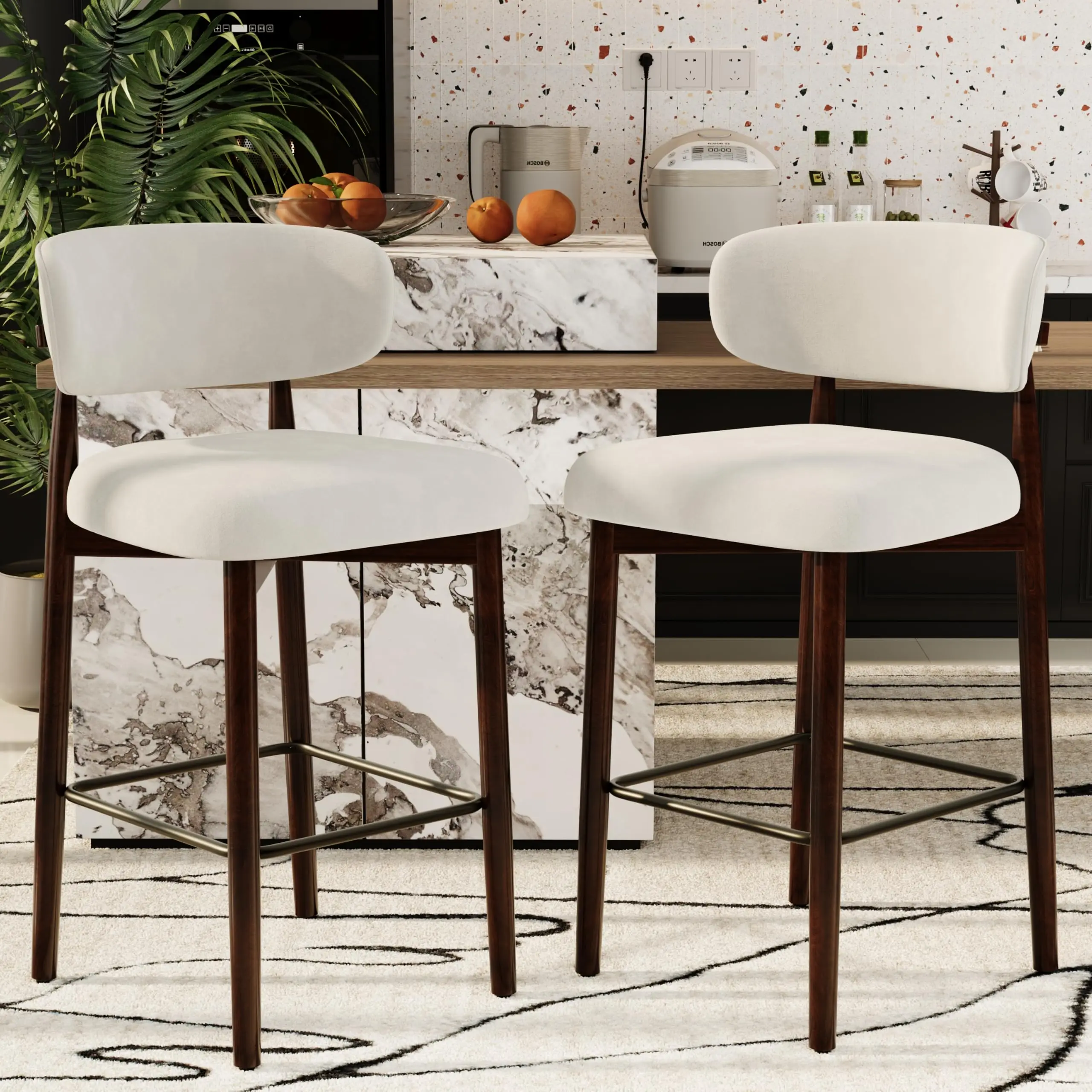 26" Bar Stools Set of 2-4 – Counter Height Barstools with Wood Legs, Upholstered Back, Linen Fabric & Metal Footrest for Kitchen Island & Dining Room