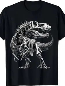 Men's Tyrannosaurus Rex Fossil Dinosaur Pattern T-Shirt-Black White Skeleton Print, Regular Short Sleeve Round Neck Casual T-Shirt, artistic print, quick-dry moisture wicking, holiday trip, natural comfort, vintage style, for Couples