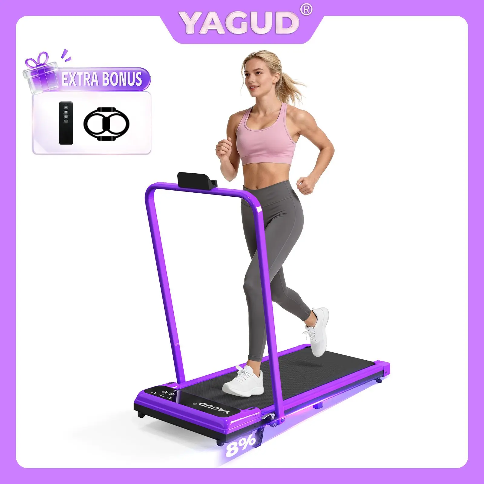 【New Arrival】 DELSFORYOUDAYS YAGUD Electric FoldingTreadmill with Handrail, Low Noise Motor - 265lbs WeightCapacity Spacious Belt Walking Pad, Dual Shock Absorption,Remote Control & Wheels for Easy Moving - Includes FreeResistance Bands and Remote