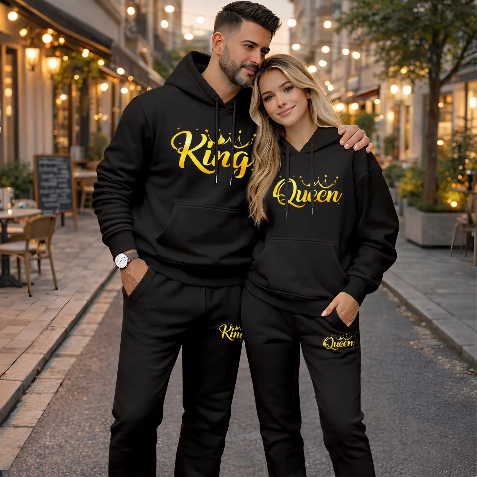 Men's 2-Piece Minimalist Loose Mensfashion Polyester Set - Longsleeve Drawstring Hooded Jacket & Sweatpants with "King" & "Queen" Crown Print, Comfy Couple Matching Outfits for Autumn Winter Casual Sportswear