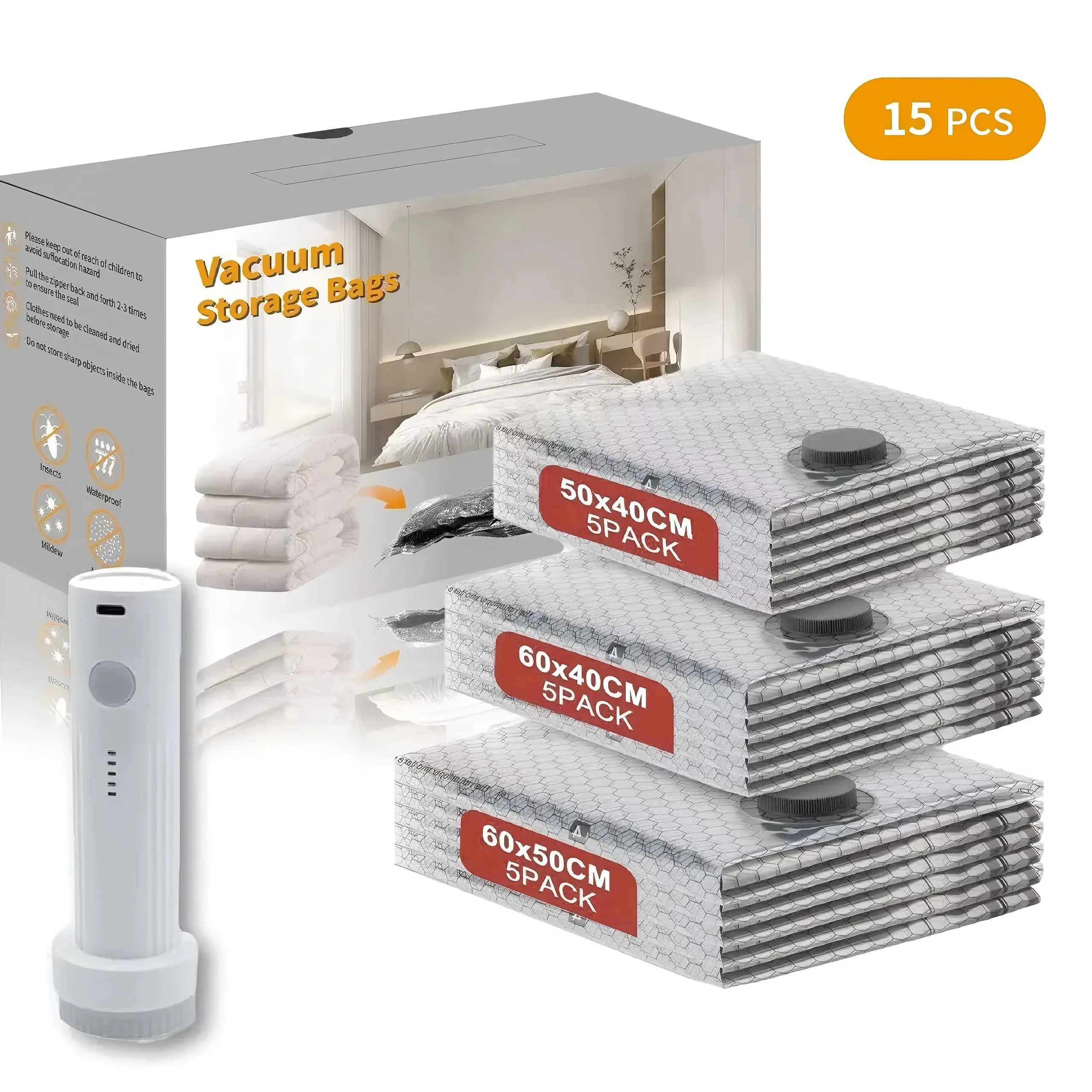 [2026 Upgraded] X7 Cordless Travel Vacuum Storage Compression Bag Set with Rechargeable air Pump 15 Pack Waterproof &Reusable Compression Packing Bags for 3Size, 140L/Min Powerful Air Removal,Perfect for Carry-On Suitcases Mother’s Day Gift Idea