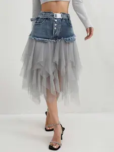 Women's Denim Patchwork Mesh Skirt, Personalized Raw Edge Hem, Fashionable And Versatile Skirt, Suitable For Spring, Summer And Autumn.