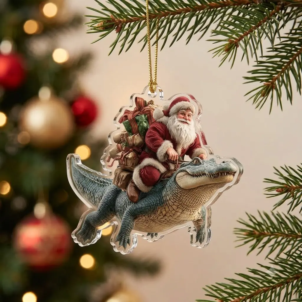 Santa Claus Riding Animal Acrylic Ornament, Christmas Tree Decoration, Funny Holiday Hanging Decor, UV Printed Clear Acrylic Keepsake, Xmas Gift for Dog Lovers, Cat Lovers, Horse Lovers, Farm Animal Fans, Festive Home Decor