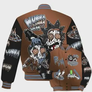 Riick And Mortyy Wubba Lubba Dub Dub Baseball Jacket, Trippy Cartoon Graphic Outerwear For Men Women, Psychedelic Art Print, Warm Winter Bomber Jacket