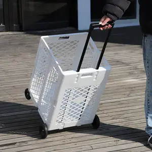 New Foldable Rolling Crate with Wheels Folding Heavy Duty Collapsible Basket with Telescopic Handle 66 lbs Capacity Rolling Cart for Laundry White Large Shopping Travel Organiser